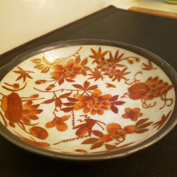 Vtg A.C.F. Japanese Porcelain Ware Bowl Wrapped Pewter Floral Hong Kong decorate - Picture 5 of 11